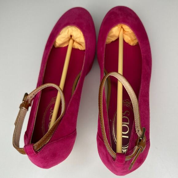 Tod's Deep Pink Suede Ankle Strap Ballerina Style Round Toe Wedge Shoes 38 / 8 - Picture 8 of 13